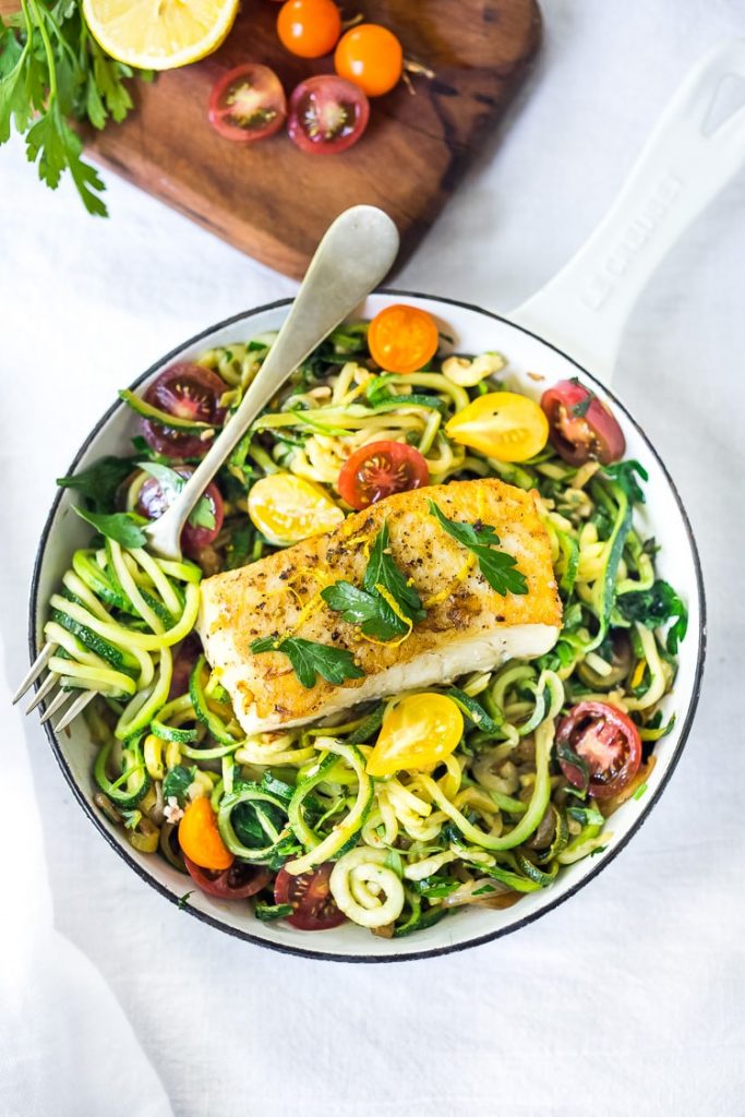 Pan-seared Halibut over Lemony Zoodles